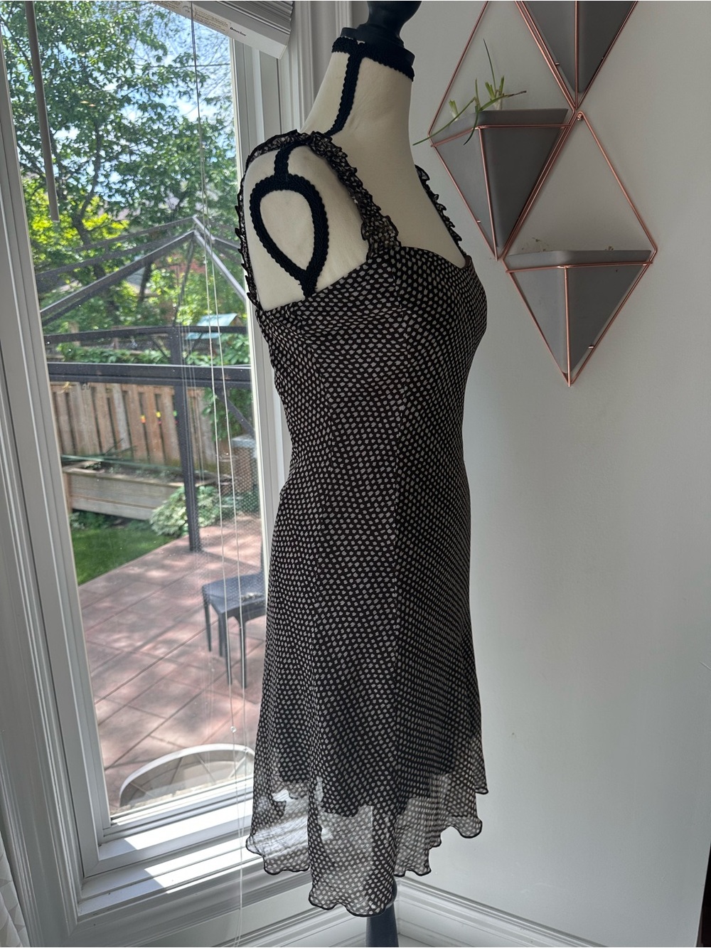VINTAGE Mandee Bias Cut Brown Polka Dot Sleeveless Dress Lace Organza Size 4 - Picture 3 of 10